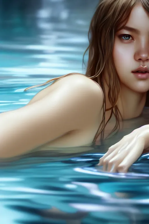 Image similar to beautiful half body digital painting of lalisa emerging from pool of water with high detail, face, 8 k, stunning detail, photo by artgerm, greg rutkowski and alphonse mucha, unreal engine 5, 4 k uhd