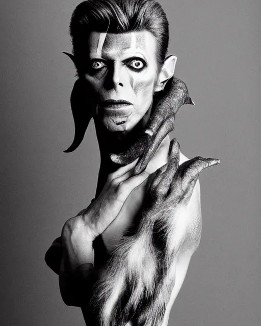 Image similar to actor David Bowie in Elaborate Pan Satyr Goat Man Makeup and prosthetics designed by Rick Baker, Hyperreal, Head Shots Photographed in the Style of Annie Leibovitz, Studio Lighting