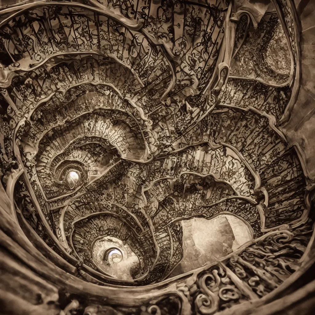 Image similar to movie still, grand spiral staircase going down deep in a dark hole, baroque, by gaudi, dramatic volumetric cinematic light, chiaroscuro, leica, high quality, high detailed, detailed patterns pop art