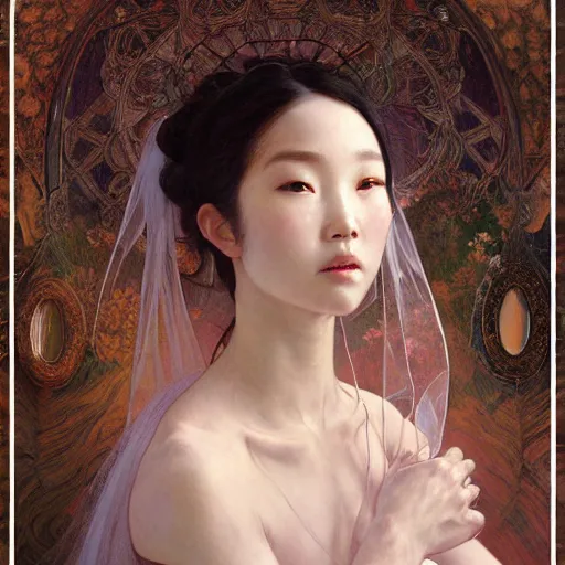 Image similar to A portrait of The bride in a Chinese wedding by Ross Tran!!! and alphonse mucha and greg rutkowski! and Gustave Doré!! and Zdzisław Beksiński!,In style of Impressionism.Symmetry.Highly detailed face.Fantasy,smooth,hyper detailed,sharp focus,Soft light.trending on artstation.oil on canvas