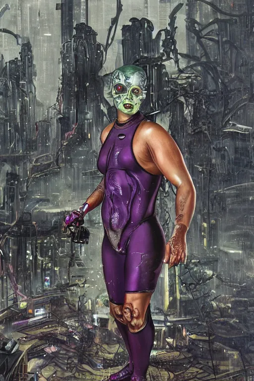 Prompt: A highly detailed, beautiful rendered, close portrait of a mutant ringer, half human, in purple spandex suit, with scars in the face, high tech equipement and armour attached to the body, in a tropical and dystopic city, in front of a garage, dried palmtrees, thick dust and red tones, bladerunner, cyberpunk, lost city, hyper-realistic environment, Epic concept art. Warhammer 40k