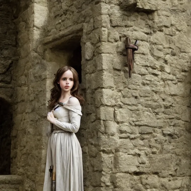 Image similar to portrait of felicity jones as a beautiful medieval maiden in a stone courtyard, confident pose, coherent, insane detail, concept art, character concept, cinematic lighting, global illumination radiating a glowing aura