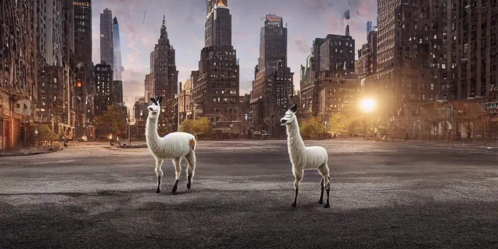 Image similar to a llama walking through a desolate manhattan city street at night, statue of liberty seen in the background, realistic 4 k octane beautifully detailed render, 4 k post - processing, highly detailed, detailed face, intricate complexity, epic composition, magical atmosphere, cinematic lighting, masterpiece, color picture, ultra hd