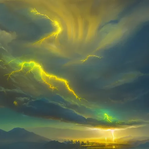 Image similar to beautiful oil painting of golden eastern dragon alone in sky, green lightning, night clouds, above city, high detail, trending in artstation