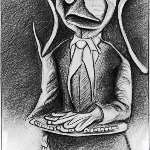 Prompt: Kermit the Frog in the deepest part of Hell, in the style of the Divine Comedy by Dante Alighieri, pencil sketch