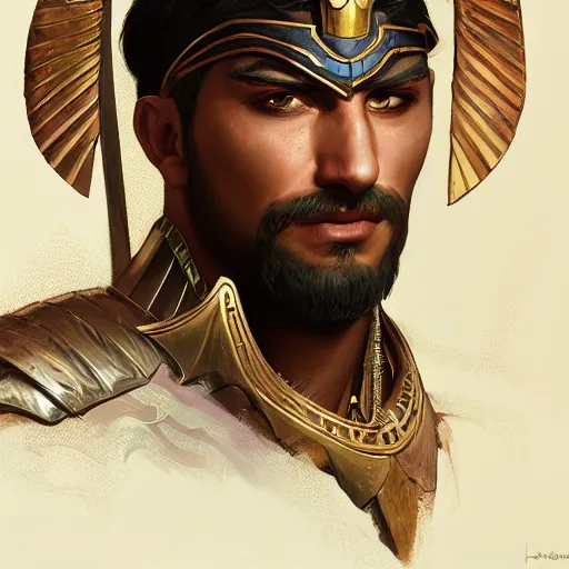 Image similar to male egyptian warrior, D&D, painted fantasy character portrait, headshot, intricate, elegant, highly detailed, digital painting, artstation, concept art, sharp focus, illustration, art by artgerm and greg rutkowski and alphonse mucha