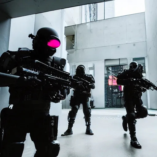 Prompt: Cyberpunk swat team raiding a building