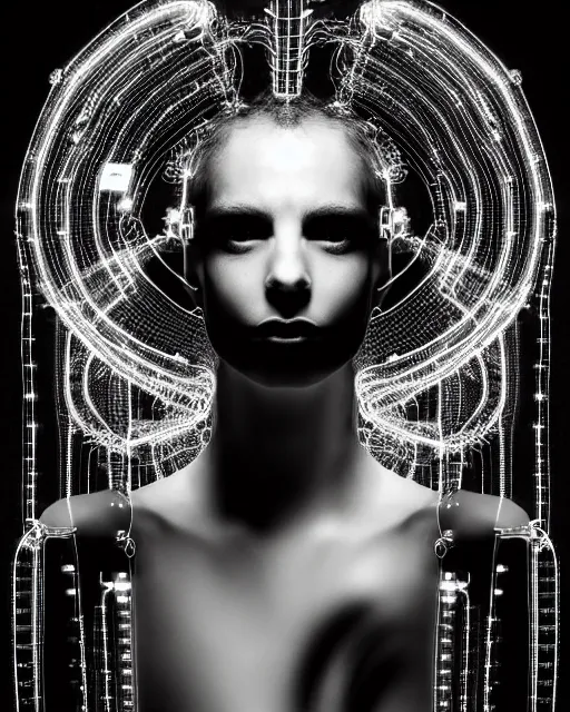 Image similar to black and white young cyborg - plant goddess high quality photo, microchip, artificial intelligence, bio - mechanical bio - luminescence, black wired cables, cinematic, rim light, photo - realistic, 8 k, in the style of steven meisel and dora maar and h. g. giger