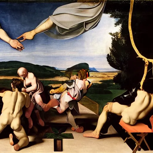 Image similar to the creation of adam by caravaggio with robots