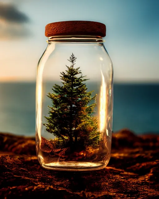 Prompt: glass jar ( with metal lid ) with a miniature burning tree inside, standing on a cliff, bokeh, ocean in the background, metal lid, dramatic lighting, hyperrealistic, volumentric lighting, highly detailed