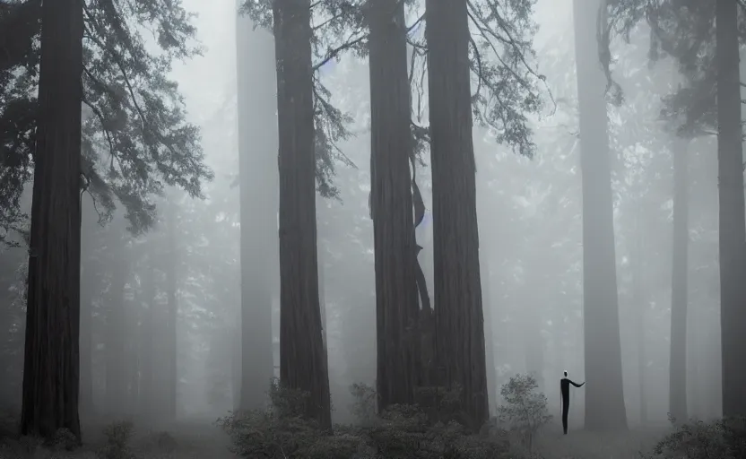 Image similar to 12 ft tall, faceless Slenderman wearing suit standing in the forest, redwood sequoia trees, ominous foggy environment, best of artstation