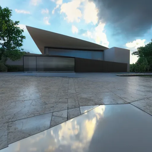 Prompt: a photorealistic 3 d render of modern architecture, organic style, two point perspective, global illumination hdri, deatiled sky, overcast, sunset, soft shadows, rain puddles with realistic reflections