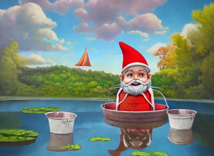 Image similar to a garden gnome sailing in a bucket, whimsical background of a reflective pond on a sunny day with dramatic clouds, an ultrafine detailed painting by mark ryden, trending on deviantart, pop surrealism, whimsical, lowbrow, joyous, perfect symmetrical face