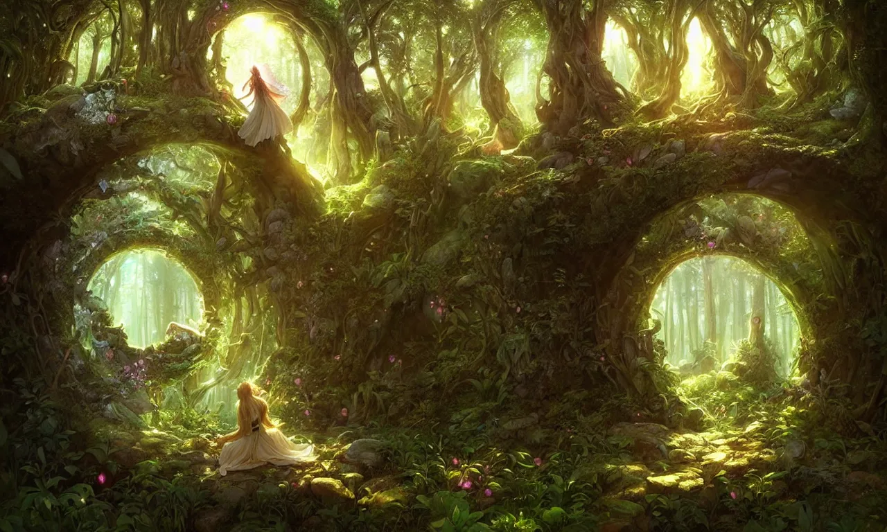 Image similar to Fantasy Magical fairy-tale portal in the forest. Round stone portal teleport in trees to other worlds. Fantastic landscape. Magic Altar in the fores, highly detailed, digital painting, artstation, concept art, smooth, sharp focus, illustration, art by artgerm and greg rutkowski and alphonse mucha