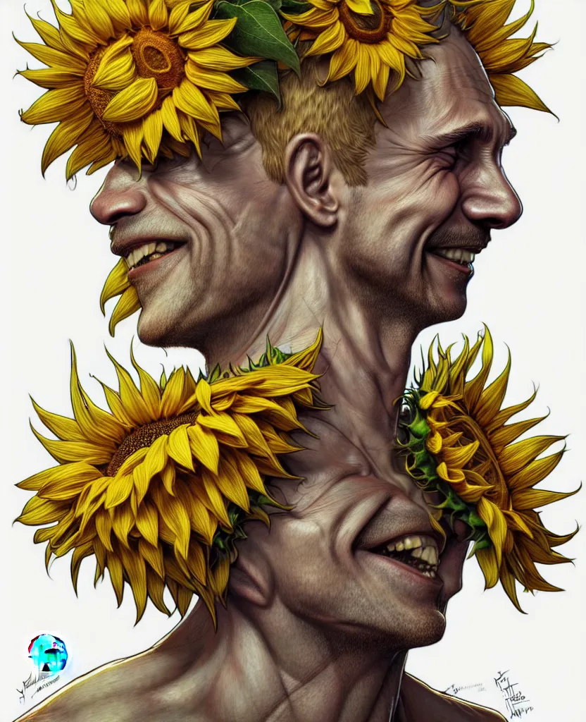 Image similar to digital art, centered full body of Putin smiling king, Sunflower crown, ,intricate, veins, by James Jean and by artgerm , by ross tran ultradetailed, charachter design, concept art, trending on artstation,