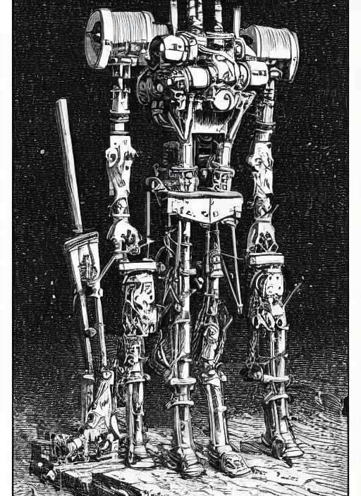 Prompt: 19th century wood-engraving of a steam powered bipedal mech, whole page illustration from Jules Verne book, art by Édouard Riou Jules Férat and Henri de Montaut, frontal portrait, high quality, beautiful, highly detailed, removed watermarks