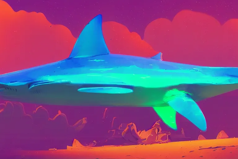 Image similar to a holographic projection of a huge colorful transparent shark appears in the desert at night, a man is stunned, by anton fadeev and beeple, highly - detailed, fantasy