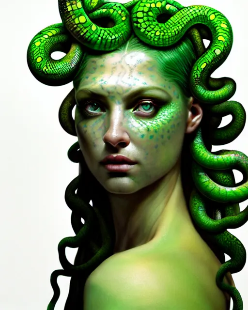 Prompt: hyperrealistic mixed media painting of beautiful Medusa, green scaley serpents in her hair, pale skin, devious expression, full body, stunning 3d render inspired art by P. Craig Russell and Barry Windsor-Smith + perfect facial symmetry + dim volumetric lighting, 8k octane beautifully detailed render, post-processing, extremely hyperdetailed, intricate, epic composition, grim yet sparkling atmosphere, cinematic lighting + masterpiece, trending on artstation, very very detailed, masterpiece, stunning