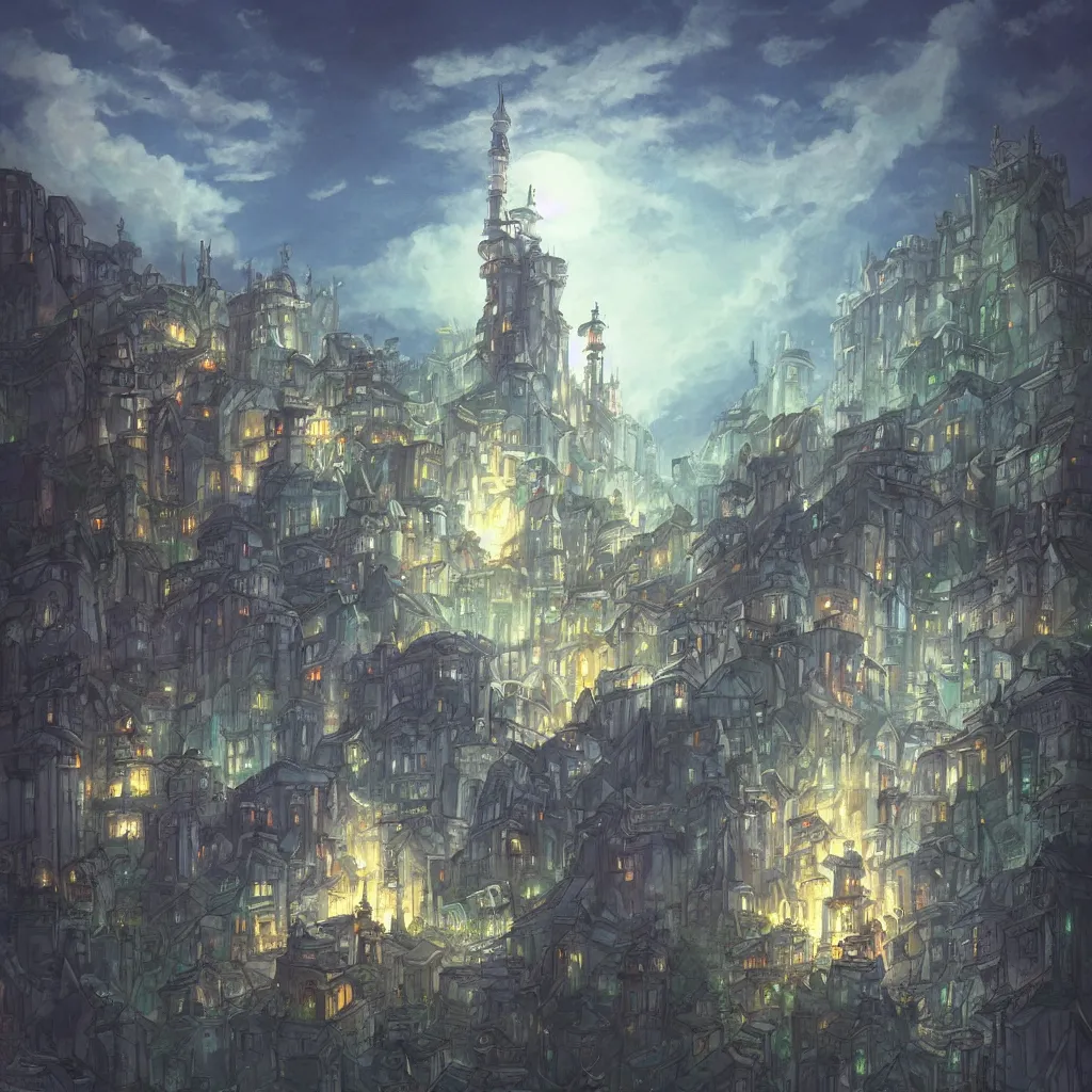 Image similar to there is a glowing white tower in the dark city, fantasy art, 2 d game art, by studio ghibli