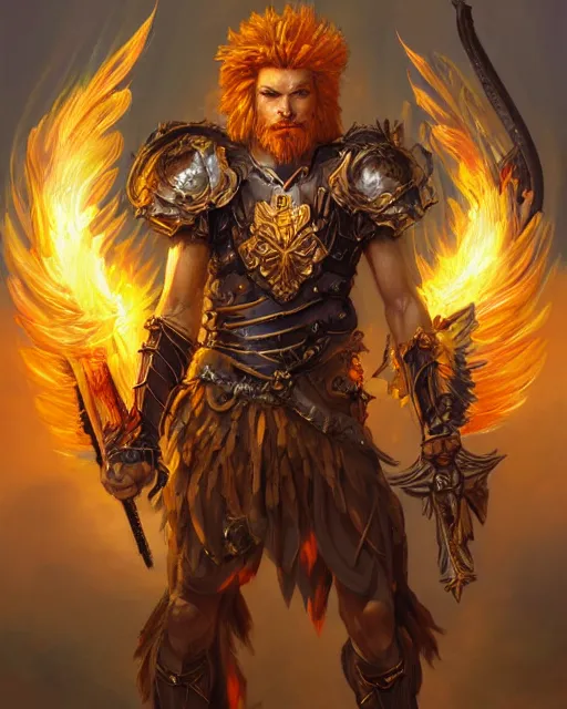 Prompt: fantasy character portrait of a brawny male leonin warrior lion angel of justice, with fiery golden wings of flame, wearing shining armor, wielding a flaming sword and holding a large fiery shield, by peter mohrbacher, mark brooks, jim burns, wadim kashin, greg rutkowski, larry elmore, esao andrews, trending on artstation
