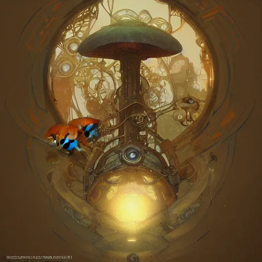 Image similar to concept designs of a mushroom, steampunk blueprint, sci-fi art by alphonse mucha and greg rutkowski, highly detailed, digital painting, concept art, illustration, dim lighting, trending on artstation, very detailed, smooth, sharp focus, octane render