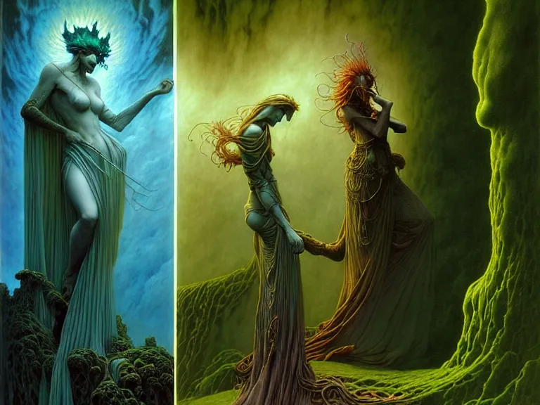 Image similar to the female arcanist and the male artificer by ferdinand knab and roger dean and brom and zdzisław beksinski and greg staples and louis janmot, beautiful, flowing magical robe, highly detailed, hyperrealistic, intricate, energy, electric, blue flame, low light, green crystal, high contrast, old and young, lifelike