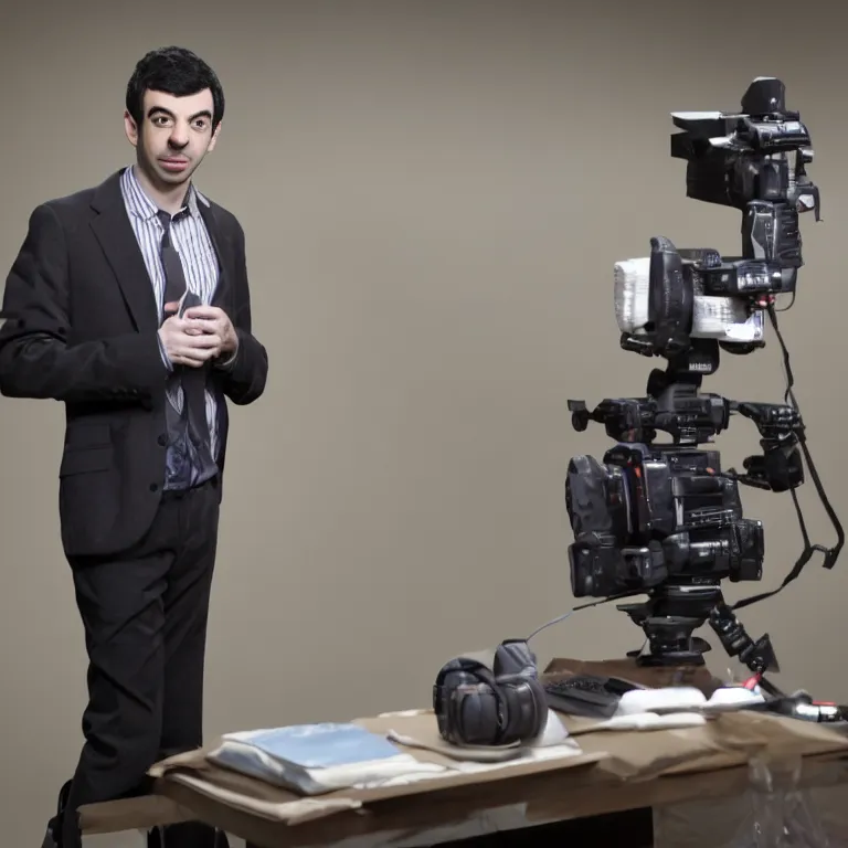 Prompt: dslr photograph of nathan fielder from nathan for you on comedy central controlling a puppet version of himself filmed by a tv crew, high detail!!! 8 k photorealism sharp focus volumetric lighting, coherent!!! art directed, rule of thirds, facial