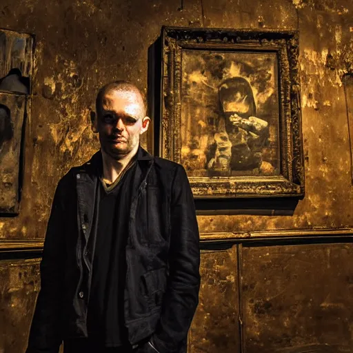 Prompt: night portrait of a neurotic forty two year old british man ( ( vampire ) ) feeling confidant in a grungy museum f / 1. 4 hdr