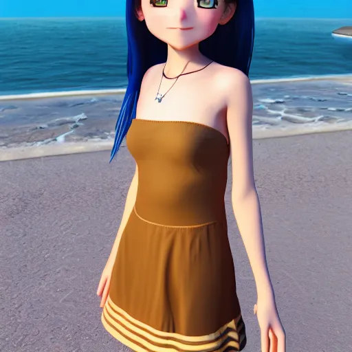 Image similar to Render of a very beautiful 3d anime girl, long hair, hazel eyes, cute freckles, full round face, short smile, cute sundress, golden hour, serene beach setting, medium shot, mid-shot, highly detailed, trending on Artstation, Unreal Engine 4k