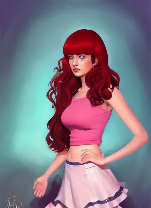 Image similar to full body portrait of teenage cheryl blossom, bangs, green eyes, sultry expression, red hair, sultry smirk, bangs and wavy hair, pink skirt, chubby, intricate, elegant, glowing lights, highly detailed, digital painting, artstation, concept art, smooth, sharp focus, illustration, art by wlop, mars ravelo and greg rutkowski