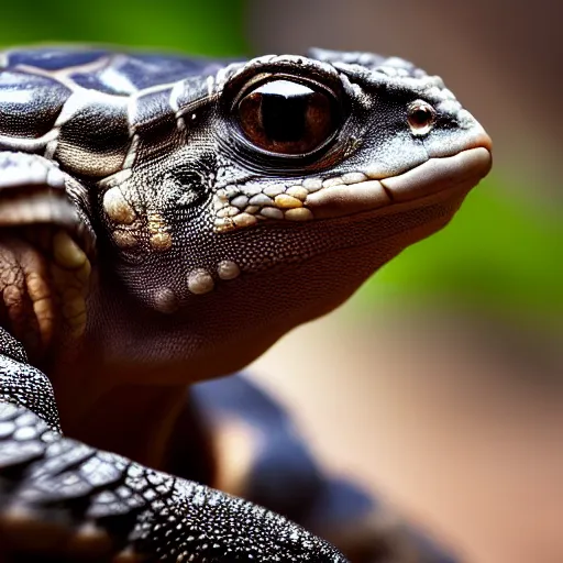 Prompt: an award winning photo of platinum black gecko human tortoise looking at the camera, cute, nature photography, portrait National Geographic, 4k