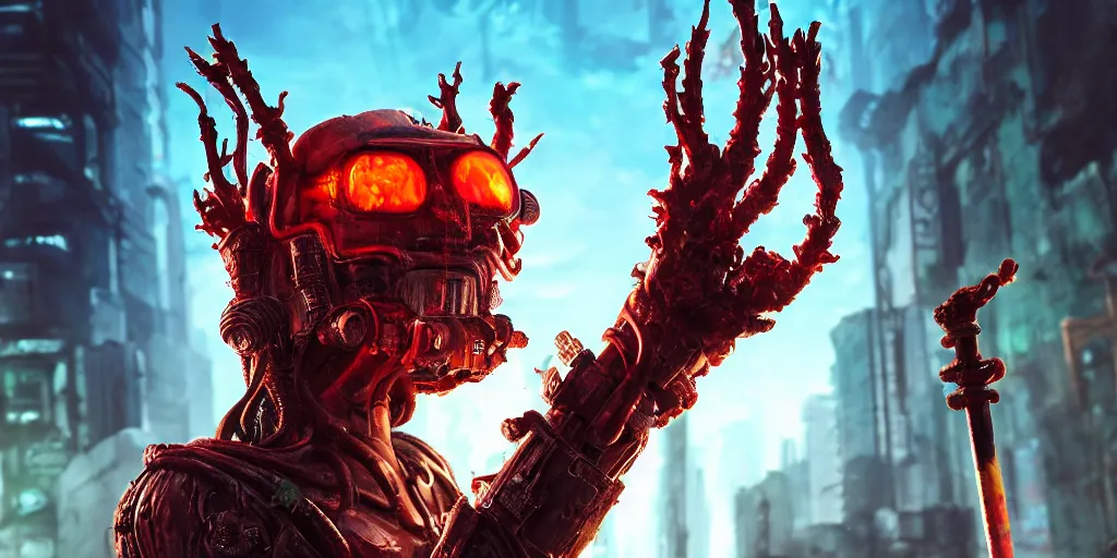 Image similar to a cyberpunk chtulhu creature enjoying a popsicle, closeup, fallout 5, studio lighting, deep colors, apocalyptic setting, vertically mirrored city in background