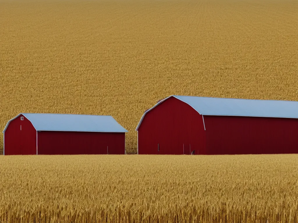 Prompt: An isolated red barn next to a wheat crop at noon. Wide angle shot, surreal.