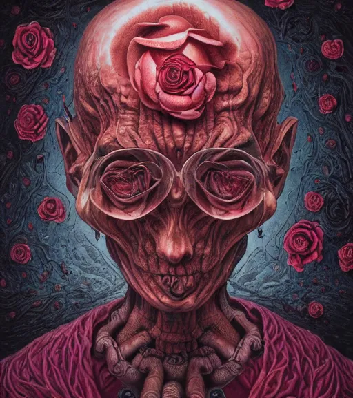 Prompt: portrait, nightmare anomalies, rose by dariusz zawadzki, kenneth blom, mental alchemy, james jean, pablo amaringo, naudline pierre, contemporary art, hyper detailed