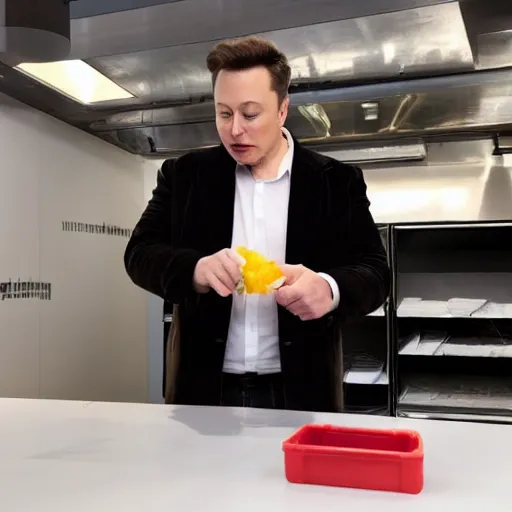 Image similar to elon musk pouring ketchup in a caja - madrid office.