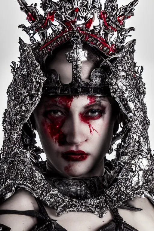 Image similar to the blood crown queen wear the scarlet armor, cinematic lighting, various refining methods, micro macro autofocus, ultra definition, award winning photo