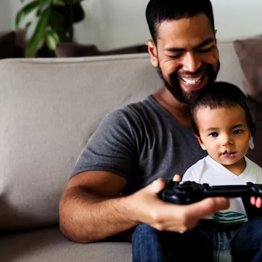 Image similar to man holding baby while playing his game console