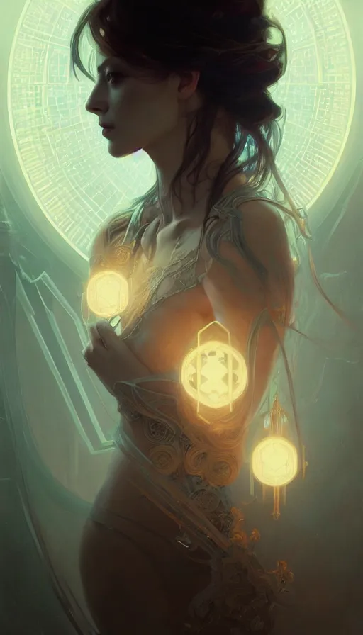 Prompt: symmetry!! portrait of a beautiful necromancer princess, sci - fi, glowing lights!! intricate, elegant, highly detailed, digital painting, artstation, concept art, smooth, sharp focus, illustration, ethereal, ominous, misty, by ruan jia and jeremy mann and alphonse mucha, 8 k