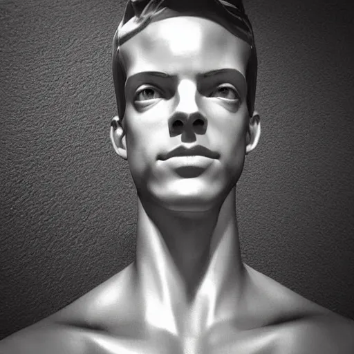 Image similar to “a realistic detailed photo of a guy who is an attractive humanoid who is half robot and half humanoid, who is a male android, actor Grant Gustin, shiny skin, posing like a statue, blank stare, at the museum, on display”