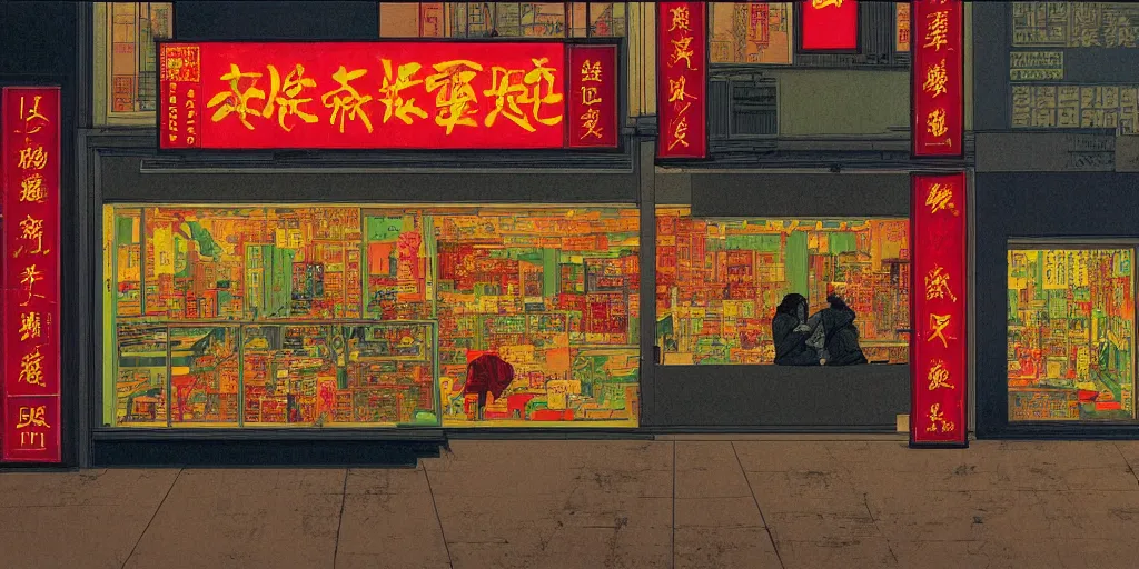 Image similar to a shop window in hong kong, by dan mumford and peter doig and edward hopper, minimal, black in, thick lines highly detailed, muted colours, overlaid with chinese adverts, 8 k