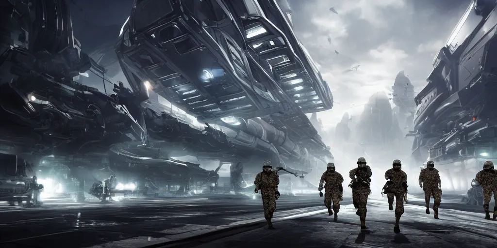 Prompt: Video game Key Art, Armed soldiers run toward a massive futuristic transporter on a gloomy overcast day, dappled lighting, foreshortening, 8k, unreal engine, Large mega structure in the distance