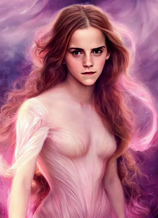 Image similar to emma watson as nature magic celestial, long hair, pink and white, transparent cloth, space, D&D, shiny background, intricate, elegant, highly detailed, digital painting, artstation, concept art, smooth, sharp focus, illustration, artgerm, bouguereau