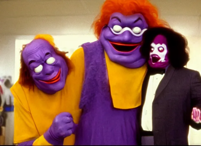 Image similar to film still of ronald mcdonald and grimace in a 1 9 8 0 s horror movie