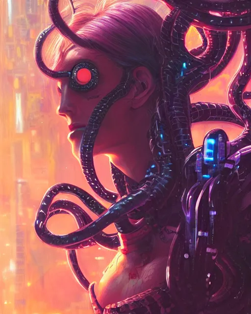 Image similar to a cyberpunk close up portrait of cyborg medusa, electricity, snakes in hair, sparks, bokeh, soft focus, by paul lehr, jesper ejsing