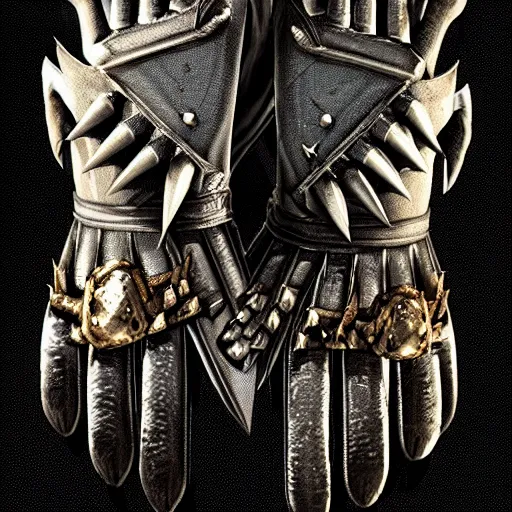 Image similar to metal claws on gloves, weaponized gauntlett, old gloves with attached talons, pointy fingertips, dark background, highly detailed, 8 k, trending on artstation, mystic, rpg artwork, by peter jackson, by sauron