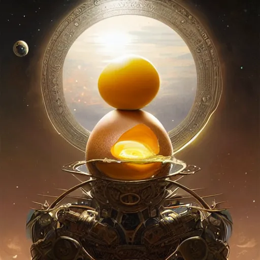 Prompt: a broken egg with the universe as the yolk pouring out, ultra realistic, concept art, intricate details, highly detailed, photorealistic, octane render, 8 k, unreal engine. art by artgerm and greg rutkowski and magali villeneuve and alphonse mucha