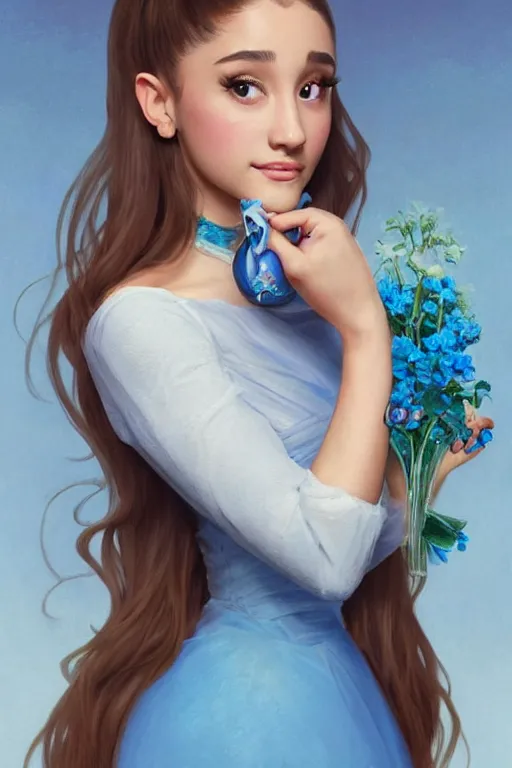 Prompt: beautiful cottagecore Ariana Grande holding a babyblue colored vase. intricate, elegant. the background is babylue !. highly detailed, digital painting, artstation, concept art, smooth, sharp, focus, illustration. . art by artgerm and greg rutkowski and alphonse mucha