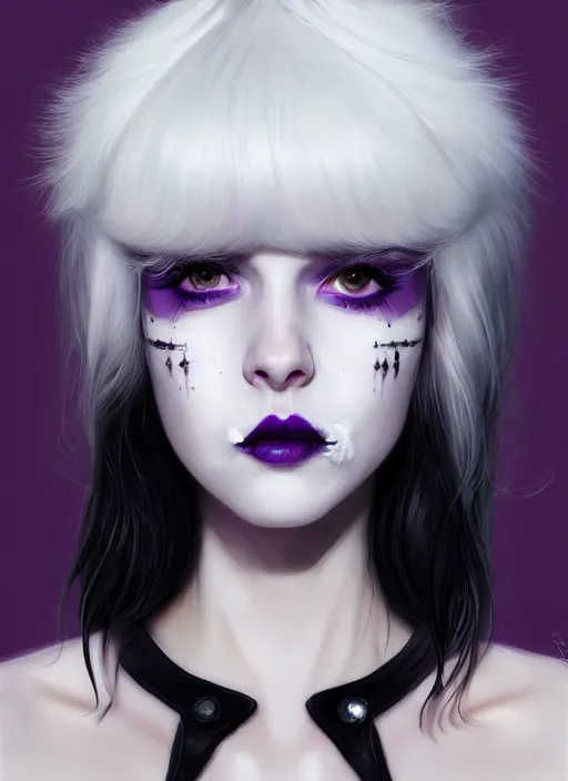 Image similar to portrait of white teenage girl, normal face, white bangs, mall goth, cyberlox, black and white hair, bangs, fluffy bangs, red contact lenses, purple lipstick, intricate, elegant, highly detailed, digital painting, artstation, concept art, sharp focus, smooth, illustration, art by wlop, mars ravelo and greg rutkowski