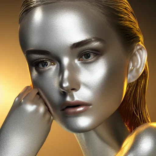 Image similar to a highly detailed digital image of a silver covered elegantly posed futuristic woman beautifully intertwined in golden liquid like leaves shot, full body shot, by Andrew Chiampo, artstation, and Frederik Heyman, extremely detailed woman, stunning volumetric lighting, hyper realism, fantasy 4k