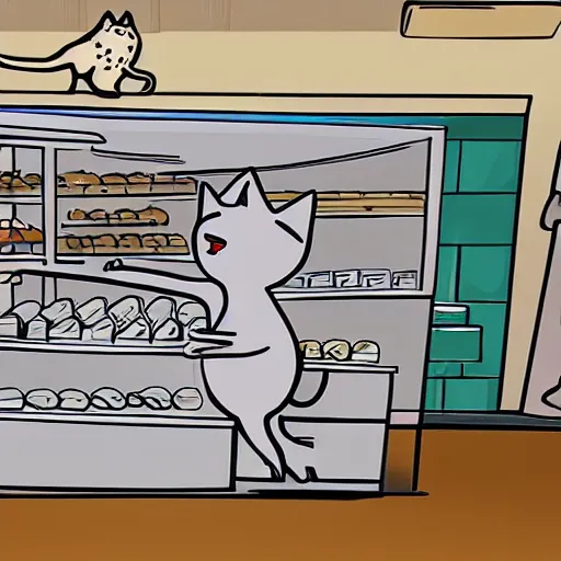 Prompt: a stunningly realistic whiteboard illustration of a cat running a bakery